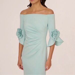 Adrianna Papell Off Shoulder Bell Sleeve Rosette Gown Mother of Groom Bride Sz 8